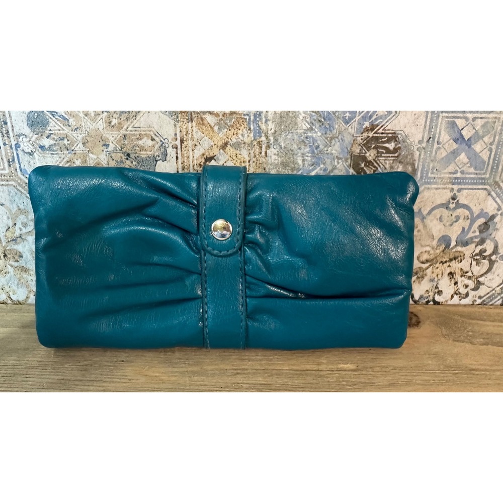 Lulu Ruched Leather Bifold Wallet Womens OS Teal Blue Excellent